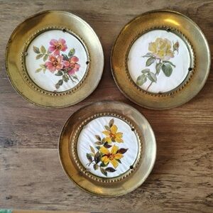 Vtg Floral Brass Wall Hanging Picture Frames Set Of 3 Made In England Pink